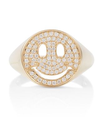 Sydney Evan Happy Face 14kt yellow gold signet ring with diamonds