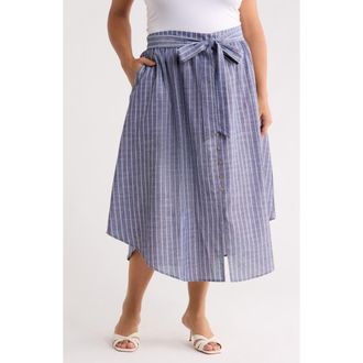 Renee C Stripe Tie Waist Linen Blend Midi Skirt in Denim at Nordstrom Rack, Size 1 X