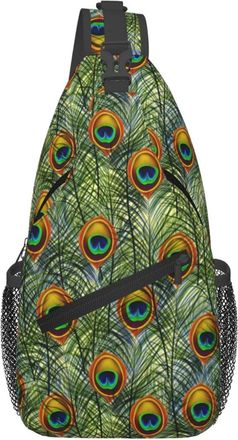 Generic Green Peacock Feathers Sling Bag Adjustable Crossbody Bag Lightweight Chest Backpack For Casual Runner Women