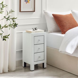 Furniturebox Lexi Small Slimline 3 Drawer Wooden Bedside Table With A Modern Mirrored Finish in White