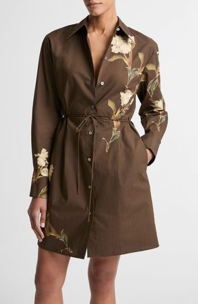Vince Iris Floral Print Tie Waist Long Sleeve Shirtdress in Dark Bark at Nordstrom, Size Xx-Small