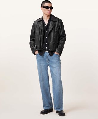 AllSaints Mens Leather Ronnet Leather Biker Jacket, Size: XS