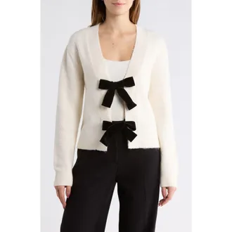 French Connection Velvet Tie Bobble Knit Crop Cardigan in Classic Cream With Black Bows at Nordstrom Rack, Size X-Small