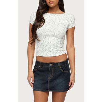 Edikted Raglan Floral Boat Neck Top in White at Nordstrom, Size X-Large