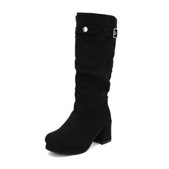 Generic Womens Faux Suede Mid-Calf Boots Round Toe Platform Long Boots Chunky Heel Tall Boot with Buckle,Black,6.5 UK