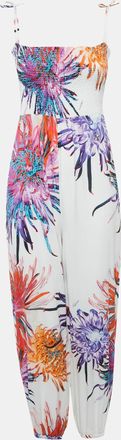 Roberto Cavalli White Floral Print Cotton Smock Detail Jumpsuit