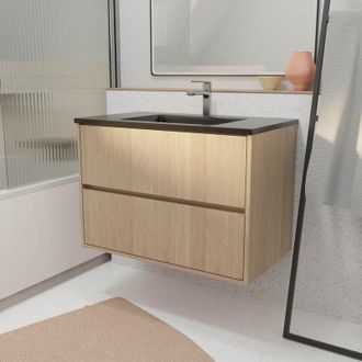Aurlane Aurlane - Mobile bagno da 80 cm 2 Casseti Rovere Chiaro + Lavabo Ceramica Nera - xenos