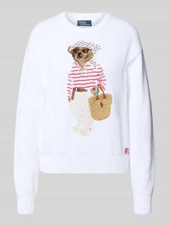 Polo Ralph Lauren Regular Fit Strickpullover aus Baumwoll-Leinen-Mix mit Bear Intarsien in Weiss, Gr&ouml;&szlig;e XXL