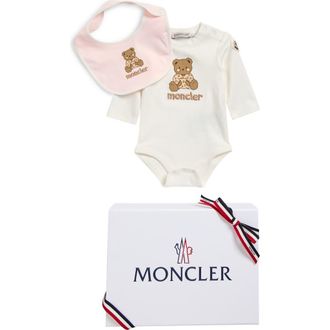 Moncler Cotton Bodysuit & Bib Set in White/Pink at Nordstrom, Size 9-12M