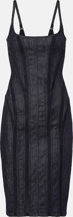 MUGLER Abito midi in denim con finiture in mesh