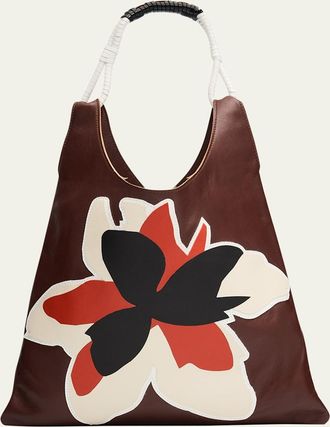 Plan C Floral Applique Leather Shopper Tote Bag