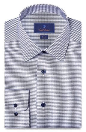 David Donahue Trim Fit Microcheck Stretch Cotton Twill Dress Shirt in Navy/White at Nordstrom, Size 15.5 - 32