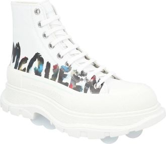 Alexander McQueen Graffiti Print Platform Sneakers - Heren - Veterlaarzen - Wit - 40 EU - Leer - Schoenen