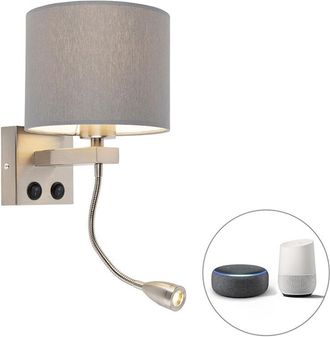 QAZQA Moderno L&aacute;mpara De Pared Inteligente De Acero Con Pantalla Gris Con Wifi A60 - Brescia Acero /textil Redonda Incluye Led Max. 1 X 1 Watt - Qazqa