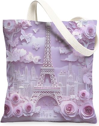 Generic Floral Violet Canvas Tote Bags, Elegant Flower Pattern Reusable Grocery Bags, Vintage Lightweight Washable Shoulder Strap Canvas for Travel Outdoor Be