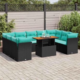 vidaXL Vidaxl Set De Sof&aacute;s De Jard&iacute;n Y Cojines 10 Pzas Rat&aacute;n Sint&eacute;tico Negro