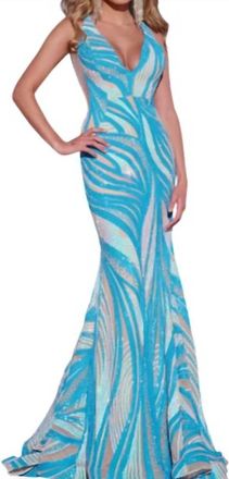 Jovani Sleeveless Sequin Prom Dress In Blue/white