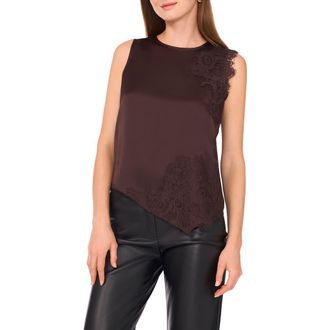 Vince Camuto Lace Detail Asymmetric Hem Satin Tank in Chocolate at Nordstrom, Size X-Large