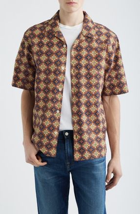 Wax London Didicot Cotton Seersucker Camp Shirt in Rust /Multi at Nordstrom, Size Xx-Large