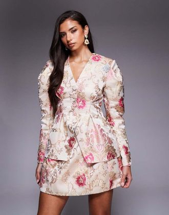 Asos Blazer stretto in vita in jacquard bianco a fiori con spalle oversize in coordinato-Multicolore