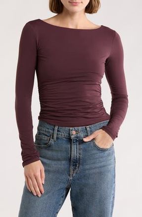 Leith Boat Neck Long Sleeve Ruched Top in Burgundy Fudge at Nordstrom Rack, Size X-Small