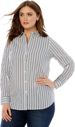 Roaman's Plus Size Kate Long Sleeve Easy Cotton-Blend Button-Front Shirt in Navy Stripe at Nordstrom, Size 32