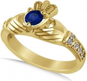 Allurez Blue Sapphire & Diamond Claddagh Engagement Ring in 14k Yellow Gold (0.42ct)