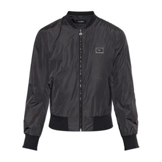 Dolce & Gabbana Bomber Jackets, male, Black, Size: 3XL Logo Plaque Bomber Jacket
