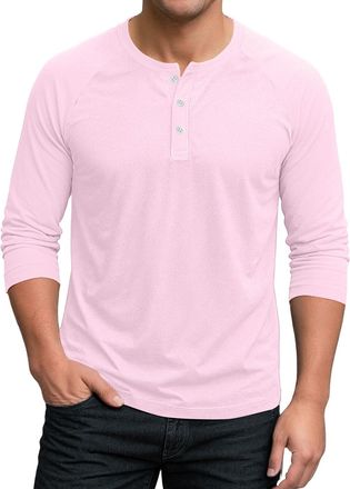 Generic Mens Casual Henley Shirt Men Mens T Shirts Lightweight Button Patchwork Golf Regular Fit Grandad 3/4 Sleeve Denim (Pink, XXL)