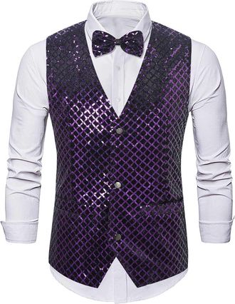 Generic Mens Sequin Shiny Waistcoat Bowtie Set Sparkly Casual Suit Vest Jacket for Festival Disco Party Prom (Purple, M)
