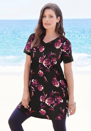 Roaman's Plus Size Ultimate Cotton V-Neck Short Sleeve Tunic in Black Open Floral at Nordstrom, Size Medium