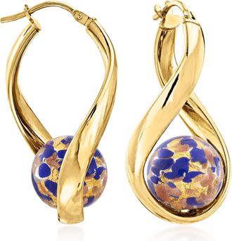 Ross-Simons Italian Blue Murano Glass Bead Twisted Hoop Earrings in 18kt Gold Over Sterling