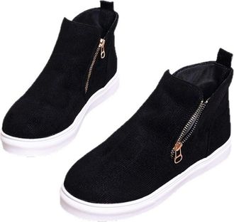 Generic Womens Faux Suede Round Toe Flats Ankle Boots Double Zipper Decor Comfort Lightweight Casual Shoes Sneakers (5.5,Black)