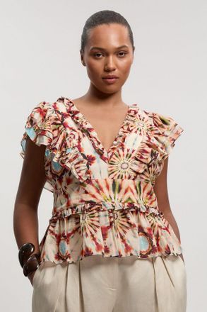 Karen Millen Womens Plus Size Tile Print Silk Cotton Ruffle Detail Woven Top - Multicolour - Size 24 UK