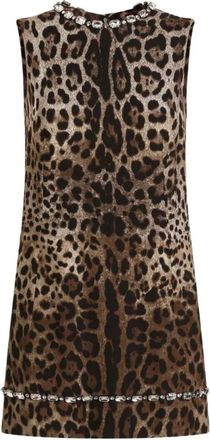 Dolce & Gabbana Kleedjes, Dames, Bruin, L, Jurk met luipaardprint en kristallen versieringen