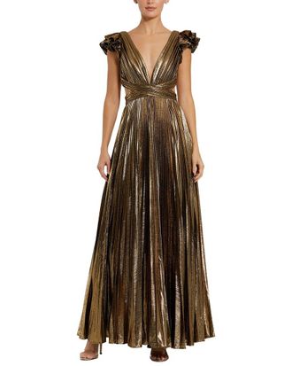 Mac Duggal Ruffle Sleeve Cutout Pleated Metallic Gown