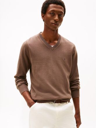 Tommy Hilfiger Mens Solid Logo V-Neck Sweater - Brown - XL