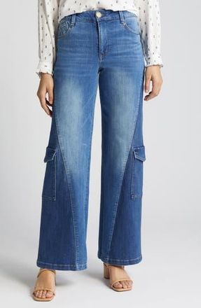 Wit & Wisdom AbSolution Colorblock Wide Leg Cargo Jeans in Mid Blue/Blue at Nordstrom Rack, Size 10