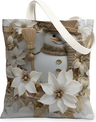 Generic Winter Snow Man Canvas Tote Bags, Floral Design Reusable Grocery Bags, Vintage Rustic Lightweight Washable Shoulder Strap Canvas for Travel Beach Picn