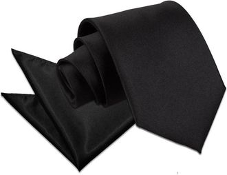 DQT Plain Glossy Satin Polyester Wedding Classic Neck Tie and Pocket Square Set for Men in Black