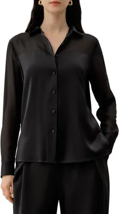 LilySilk Button Down Silk Organza Shirt in Black at Nordstrom, Size X-Large