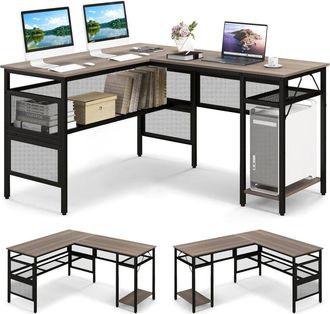 Costway Costway - Escritorio Esquinero 140x120 cm, Escritorio en l para 2 Personas, Mesa Escritorio Esquina con Estanteria de Malla, Soporte para cpu