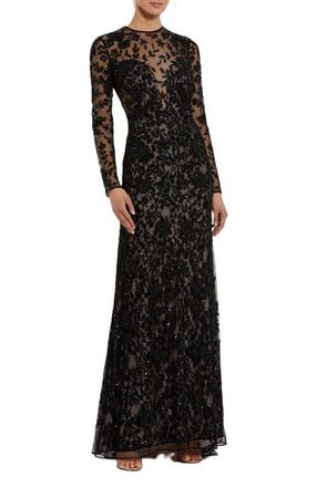Mac Duggal Long Sleeve Floral Embellished Gown in Black Nude at Nordstrom, Size 12