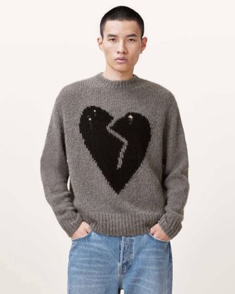 AllSaints Mens Wool/Alpaca Luv Heart Oversized Knitted Jumper, Size: XXL
