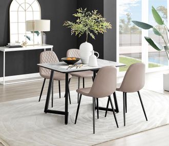 Furniturebox Carson White Marble Effect Dining Table & 4 Corona Black Leg Chairs in Beige