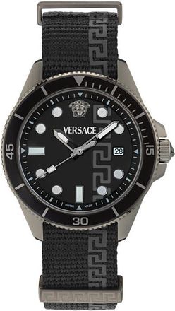 Versace Greca Force Fabric Strap Watch, 42mm in Gunmetal at Nordstrom