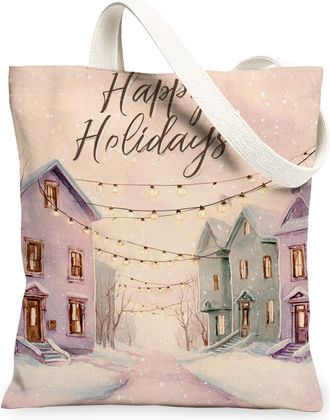 Generic Holiday Houses Canvas Tote Bags, Festive Winter Scene Reusable Grocery Bags, Lightweight Washable Shoulder Strap Canvas for, Peach, 13x15 Inch