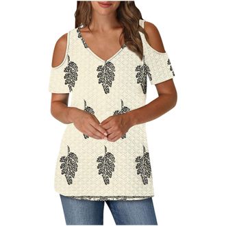 Generic Trendy Cold Shoulder Tops for Women UK Summer Short Sleeve V Neck Hollow Out Eyelet T-Shirt Funny Striped Floral Print Blouse 2025 Casual Lightweight 