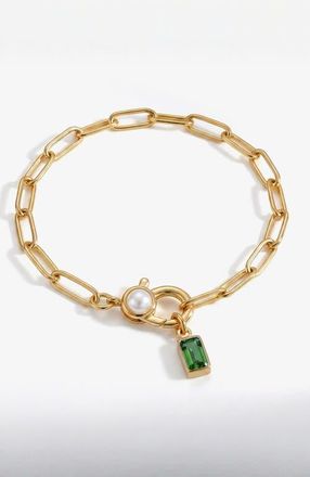 Mint & Lily Paperclip Bracelet with Pearl Accent with Dainty Baguette Birthstone Charm in May Emerald at Nordstrom, Size 8