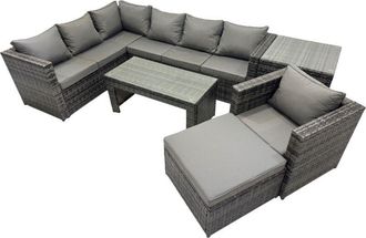 Fimous Fimous 6 Pieces Outdoor PE Rattan Garden Furniture Corner Sofa Oblong Coffee Table Set with Cushions Big Footstool Side Table Dark Grey Mixed